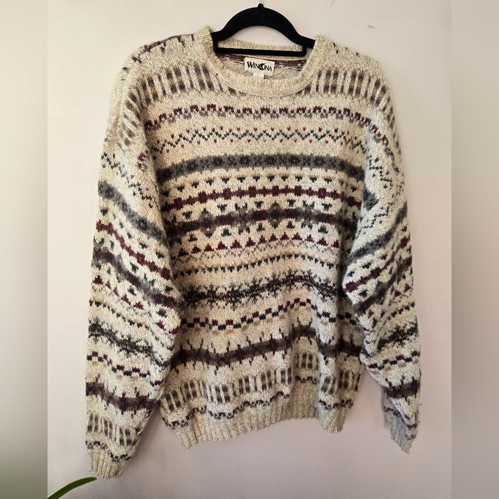VTG Winona Knits Men's XL Fair Isle Wool Blend Sweater Made in USA Boho
